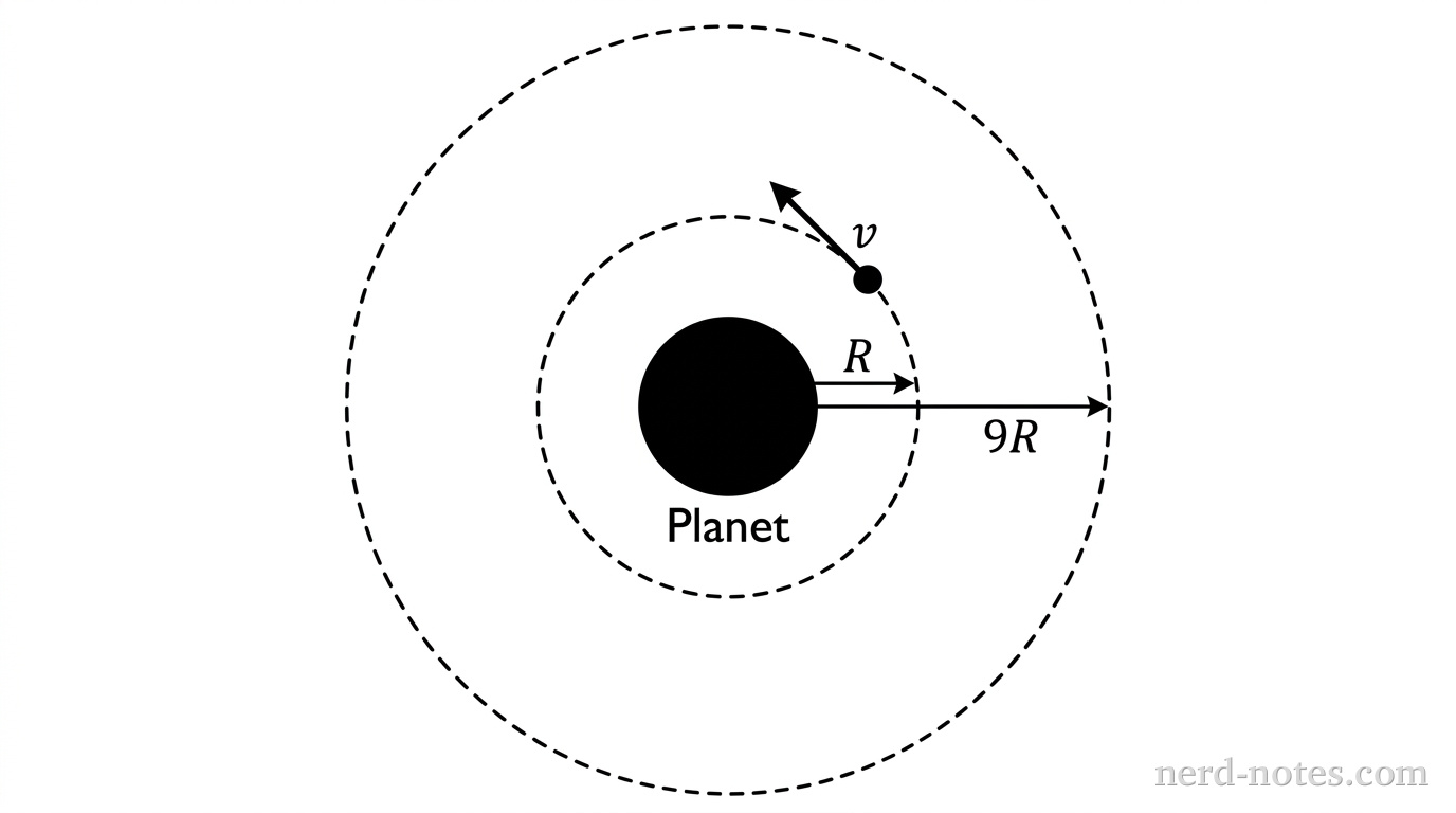 Two concentric dashed circles represent the initial and final orbits of a satellite around a central planet. The inner circle is labeled with radius R and the outer circle is labeled with radius 9R. A small dot representing the satellite is shown on the inner circle with a velocity vector tangent to the path.