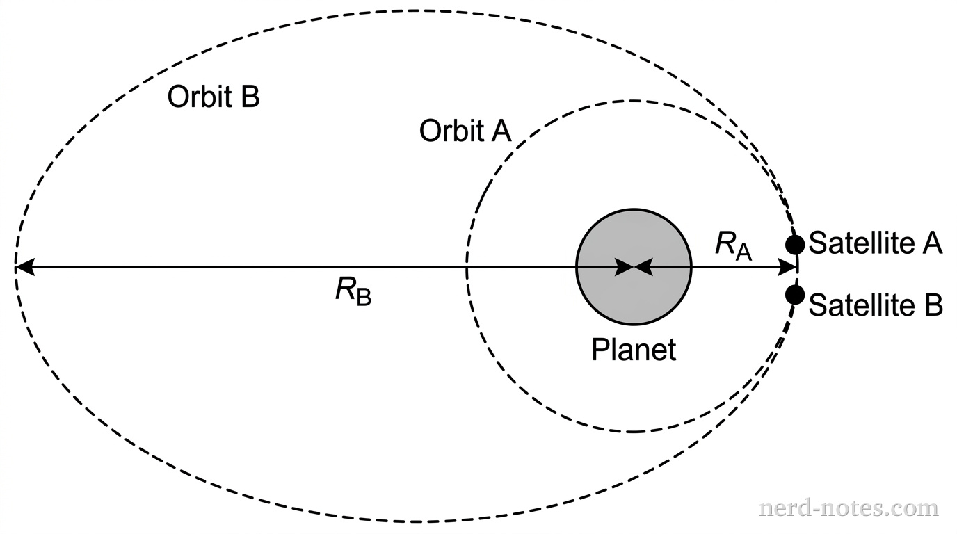 A central shaded circle labeled 'Planet'. A dashed circular path labeled 'Orbit A' is centered on the planet. An arrow from the planet's center to the circular path is labeled 'R_A'. A dashed elliptical path labeled 'Orbit B' has the planet at its right focal point. Orbit B is tangent to Orbit A on the right side of the planet. On the left side, Orbit B extends outward to a larger distance. An arrow from the planet's center to the far left edge of Orbit B is labeled 'R_B'. Two solid dots labeled 'Satellite A' and 'Satellite B' are positioned next to each other at the right-side tangent point, both exactly at distance R_A from the planet's center.