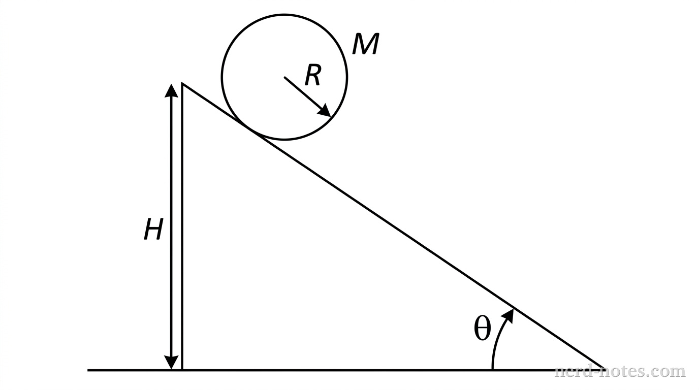 A side-view 2D line drawing of a solid circular sphere resting at the top of a right-triangular incline. The incline has a vertical back edge labeled 'H'. The angle between the sloped surface and the horizontal ground is marked with an arc and labeled '\(\theta\)'. The sphere is labeled with mass 'M' and has a radius indicated by a line from its center to its edge labeled 'R'.