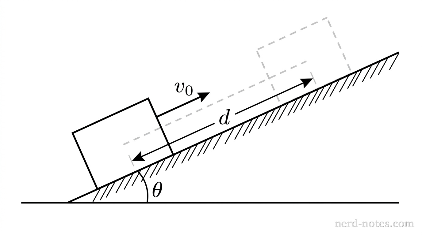 A schematic of a wooden crate on an inclined plane. A horizontal line represents the ground, and a line rising at an angle theta (\(\theta\)) to the right represents the ramp. A rectangular box representing the crate is positioned on the ramp. A vector arrow labeled \(v_0\) points up the ramp from the crate's center. A second, dashed-line rectangle of the same size is shown further up the ramp to indicate the position where the crate stops. A double-headed arrow parallel to the ramp's surface connects the initial and final positions of the crate and is labeled with the distance \(d\).