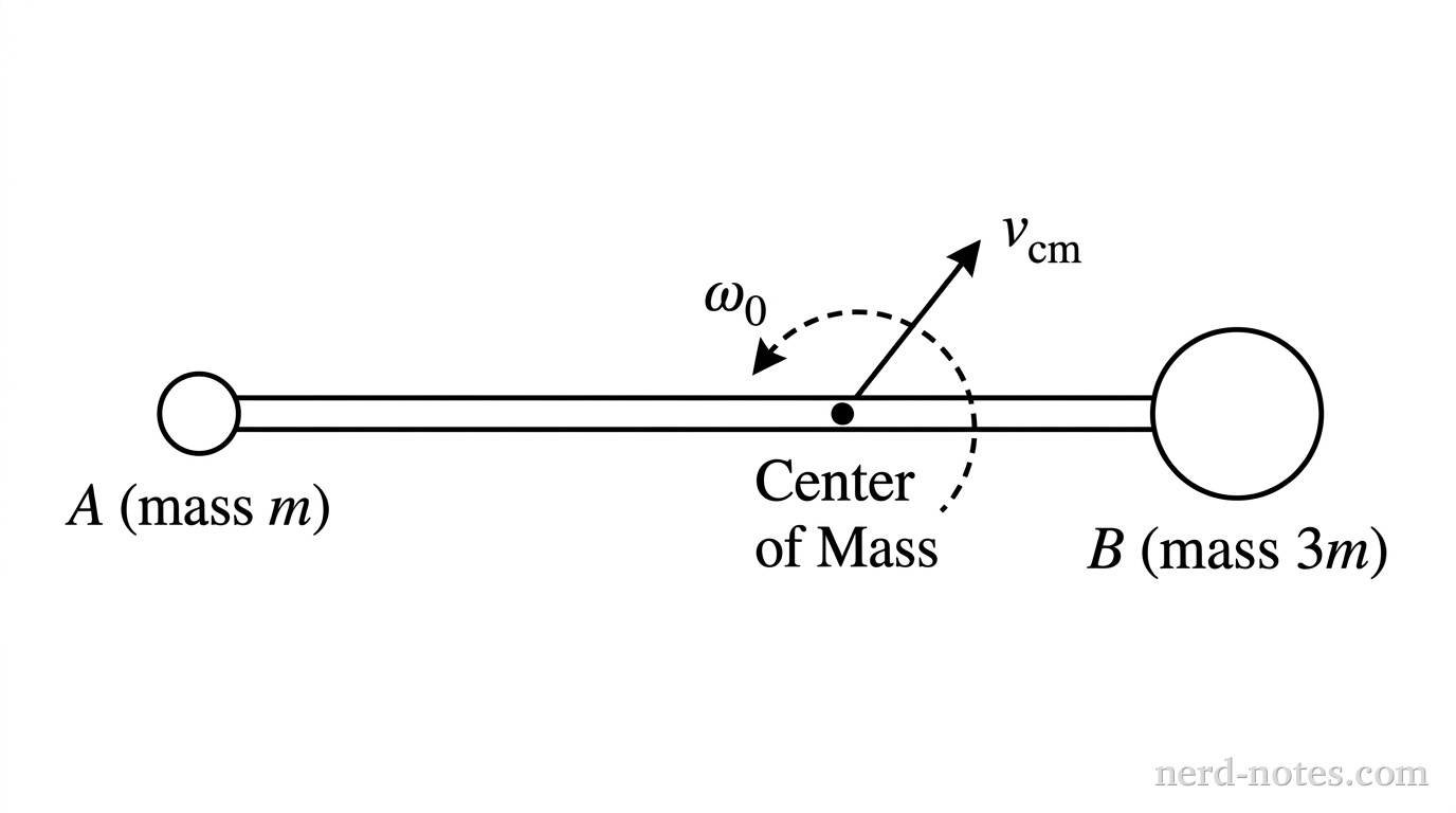A horizontal line representing a thin rod. On the left end is a small circle labeled 'A (mass m)'. On the right end is a larger circle labeled 'B (mass 3m)'. A distinct dot is located on the rod, exactly three-quarters of the way from A to B, labeled 'Center of Mass'. A straight arrow points diagonally up and to the right from the Center of Mass, labeled 'v_cm'. A curved, dashed arrow spirals clockwise around the Center of Mass, labeled 'omega_0'.