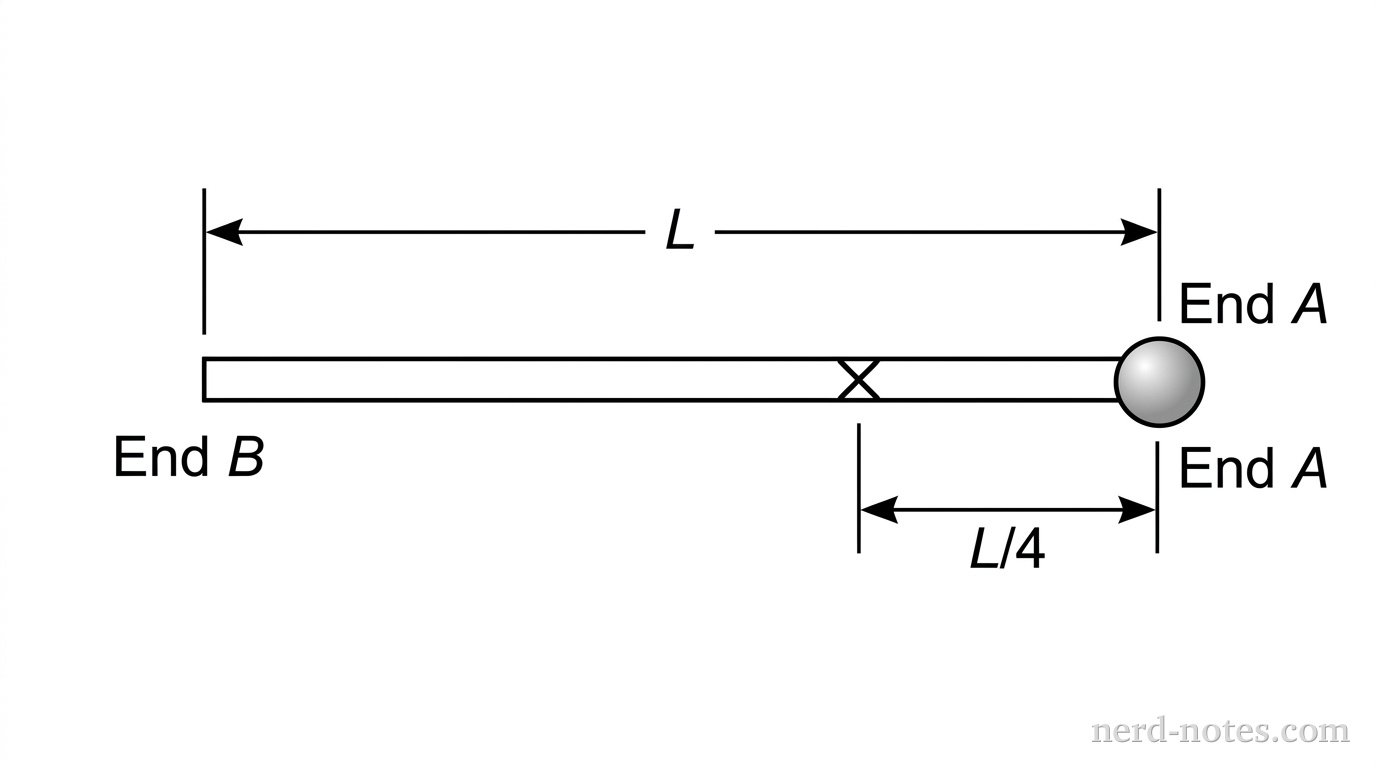 A horizontal uniform rod. The right end is labeled 'End A' and has a small shaded sphere attached to it. The left end is labeled 'End B'. A clear 'X' mark is on the rod, closer to End A. A horizontal dimension line above the rod indicates the length of the entire rod is L. Another dimension line below the rod indicates the distance from End A to the 'X' is L/4.