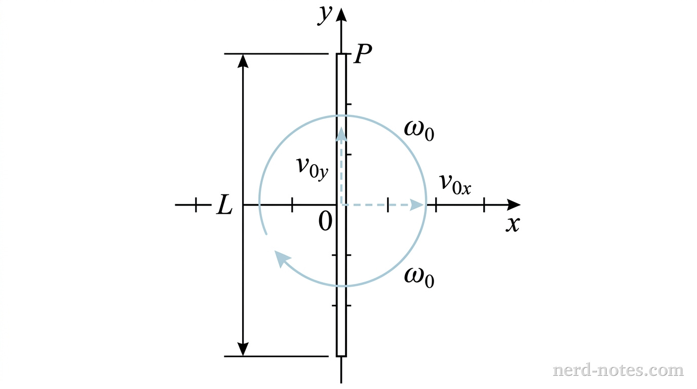 A Cartesian coordinate system with the origin (0,0) marked. A solid vertical line segment representing the rod is centered on the origin. The total length of the rod is L. The top end of the rod is labeled 'P'. A dashed arrow points horizontally to the right from the origin, labeled 'v_0x'. Another dashed arrow points vertically upward from the origin, labeled 'v_0y'. A curved arrow forms a counterclockwise circle around the origin, labeled '\omega_0'.