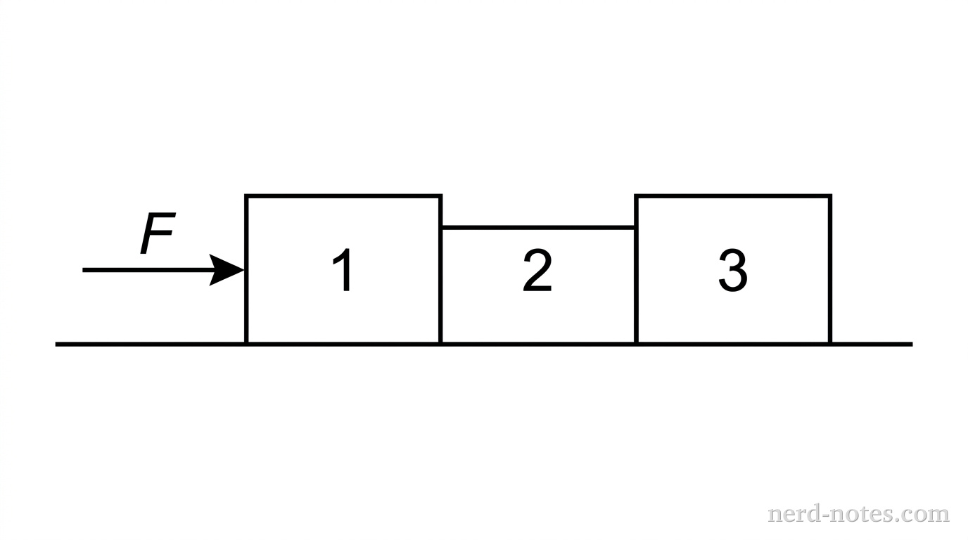 Three rectangular blocks labeled 1, 2, and 3 are in contact in a row from left to right on a horizontal line representing a frictionless surface. A horizontal arrow labeled F points to the right, contacting the left side of block 1.