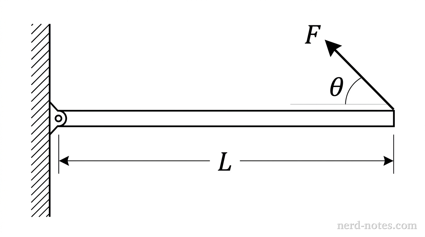 A beam of length L supported by a force F at an angle theta.