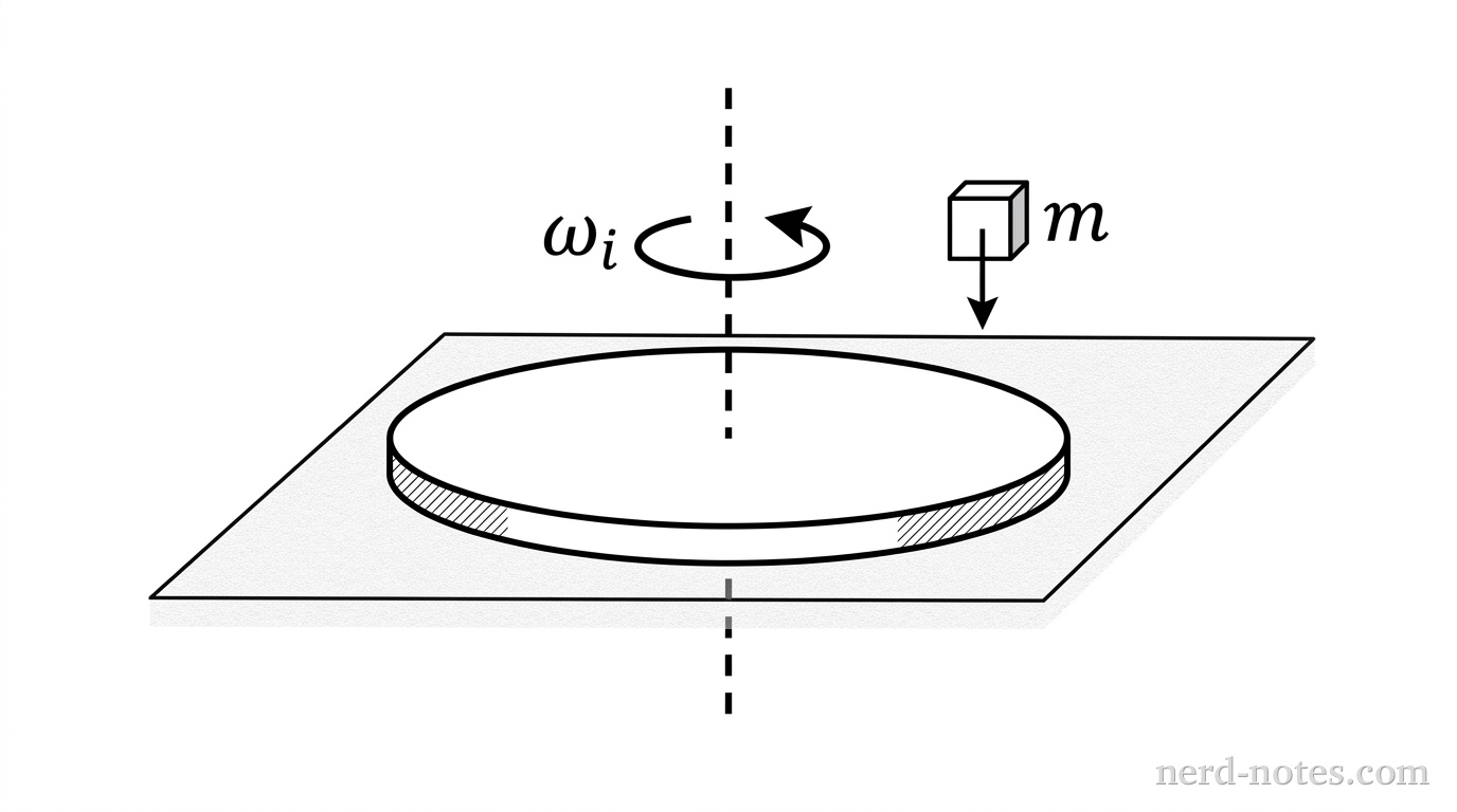 A perspective view of a flat circular disk on a horizontal plane. A vertical dashed line indicates the axis of rotation passing through the center of the disk. A curved arrow around the axis indicates an initial angular velocity omega_i. A small square block of mass m is shown suspended in the air directly above the outer rim of the disk, with a small downward arrow indicating its motion toward the disk.