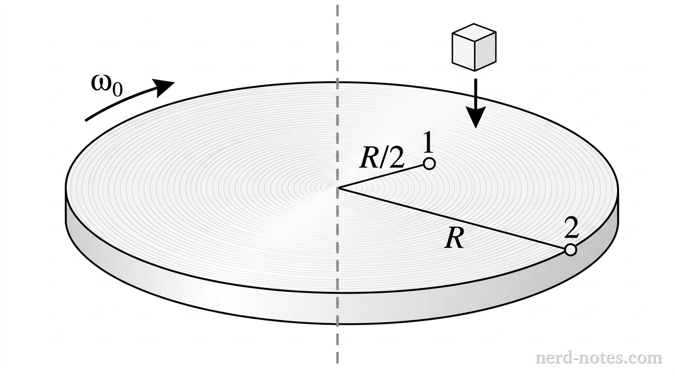 A perspective view of a uniform circular disk of radius R. A vertical dashed line passes through the center representing the axle. An arrow labeled omega_zero indicates counterclockwise rotation. Two points are marked on the top surface: point 1 at a distance R/2 from the center and point 2 at the outer edge R. A small cubic block is shown suspended above the disk with a downward vertical arrow pointing toward the surface.