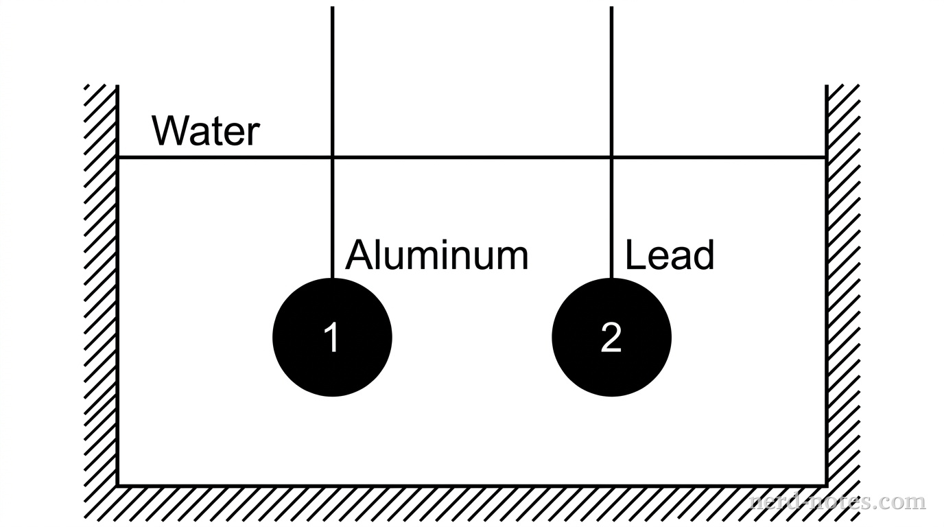A rectangular tank filled with water. Inside the tank, two identical-sized spheres are shown side-by-side at the same horizontal level, completely underwater. Sphere 1 is labeled 'Aluminum' and Sphere 2 is labeled 'Lead'. Both are suspended by thin strings from above.