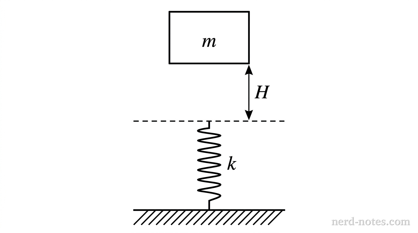 A diagram showing a rectangular block labeled 'm' held at a height 'H' above a vertical spring. The spring is labeled 'k' and its bottom is attached to a horizontal floor. A dashed horizontal line indicates the top of the uncompressed spring, and a vertical arrow labeled 'H' points from the dashed line up to the bottom of the block.