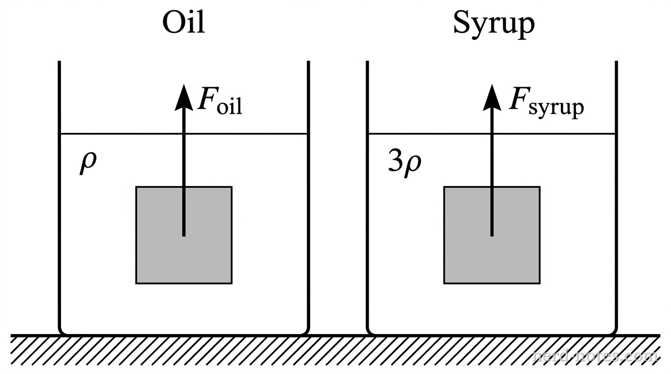 Two identical containers are shown side-by-side. The left container is labeled Oil and contains a liquid with density rho. The right container is labeled Syrup and contains a liquid with density 3 rho. In each container, an identical grey cube is shown fully submerged at the same depth. Arrows labeled F_oil and F_syrup point upward from the center of each cube respectively.