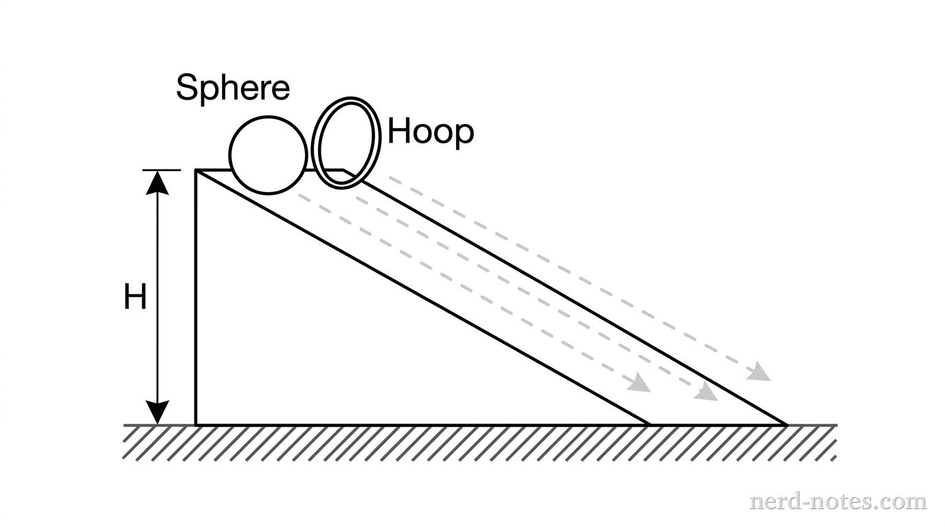 An inclined plane forming a triangle with a horizontal base. At the top of the incline, a solid sphere and a thin hoop are positioned side-by-side. The vertical height from the base to the top of the incline is labeled H. Dashed lines indicate the path of both objects moving down the ramp.