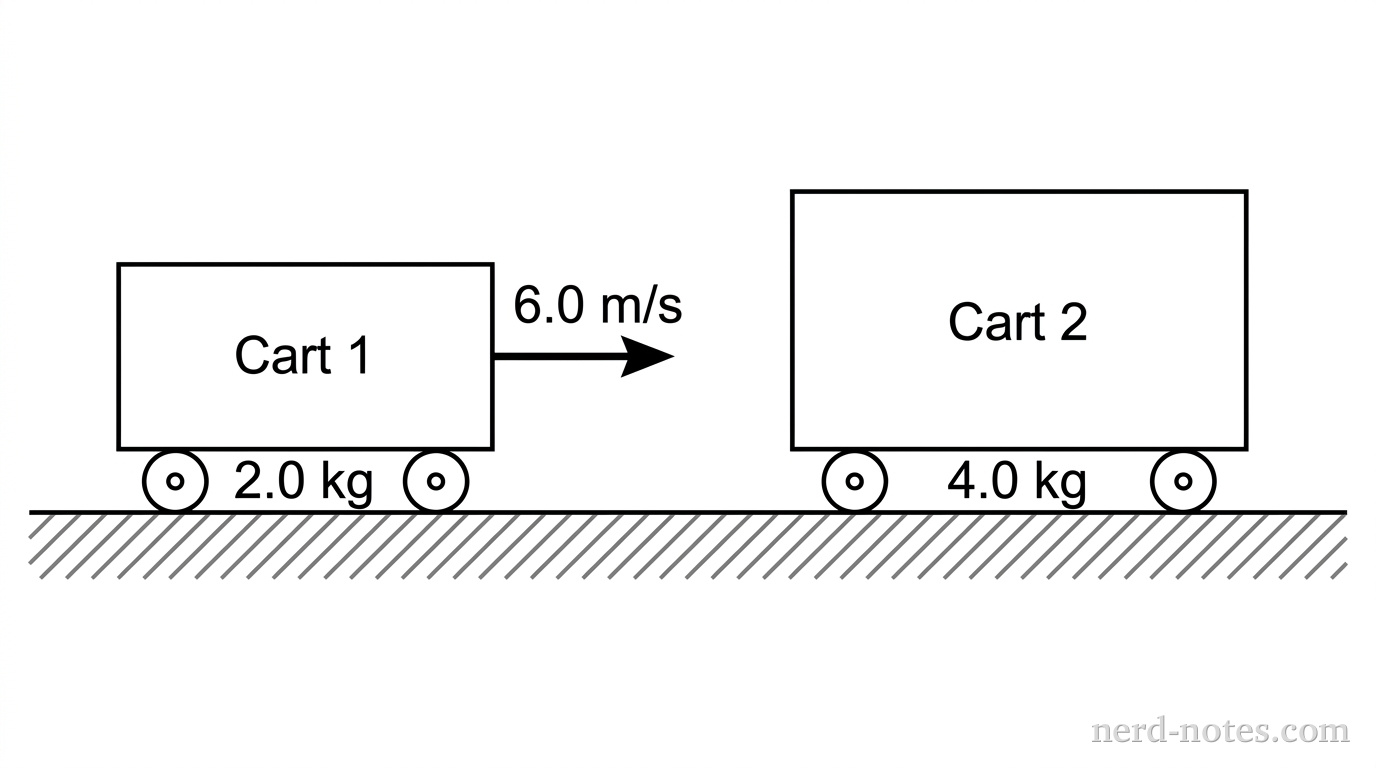 Two carts on a frictionless track before an inelastic collision.