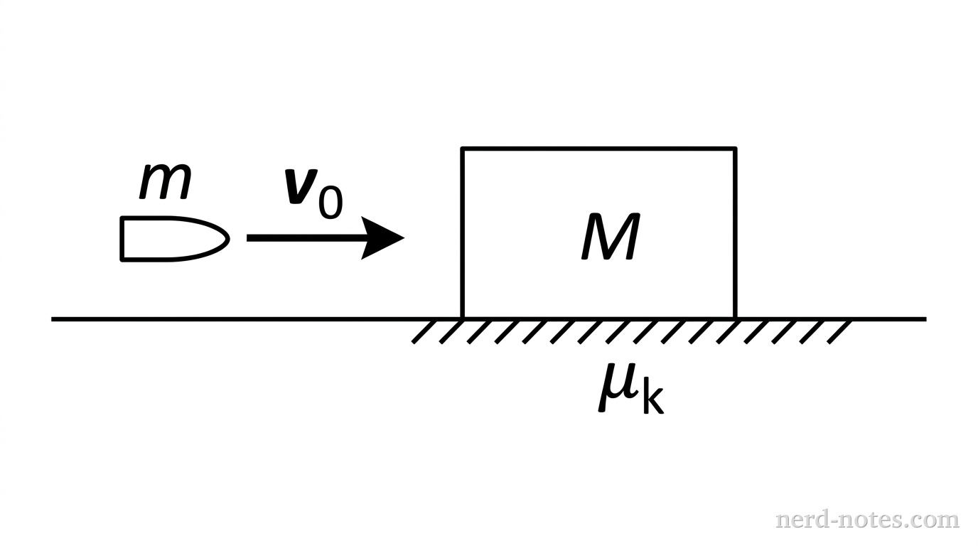A side-view physical setup. A rectangular block labeled 'M' sits on a horizontal surface. To the left of the block, a small bullet-shaped projectile labeled 'm' is pointing to the right. A right-pointing velocity arrow labeled 'v_0' is attached to the projectile. The surface beneath and to the right of the block has hash marks indicating it is rough, and is labeled with 'mu_k'.