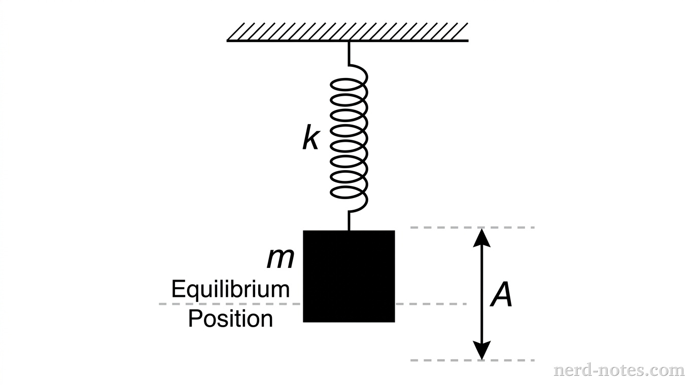 A diagram of a vertical spring-mass system. A horizontal ceiling is at the top. A spring of constant k hangs from the ceiling, attached to a block of mass m. A dashed horizontal line indicates the equilibrium position of the block. A double-headed vertical arrow labeled A indicates the displacement from the equilibrium position to the maximum extension of the spring.