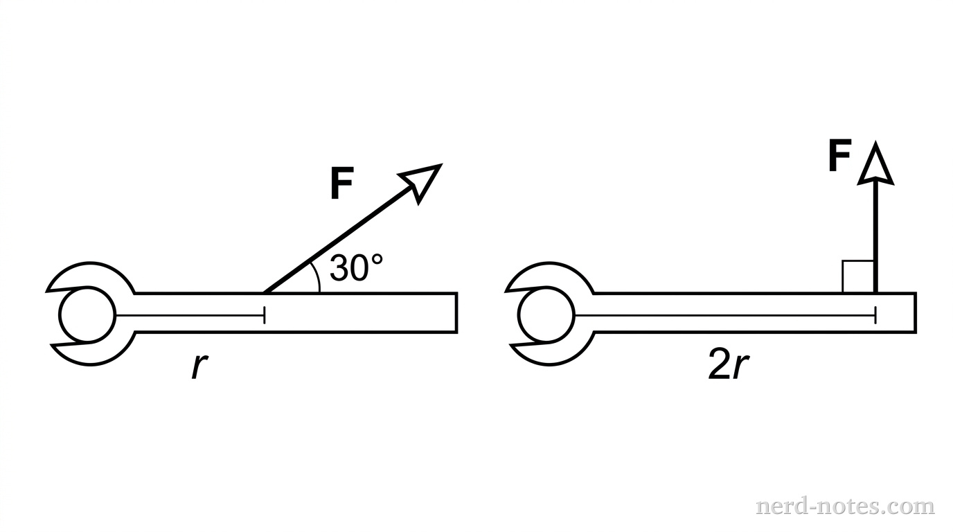 Two diagrams showing a wrench on a bolt. Diagram 1: The wrench handle is horizontal to the right. A force vector F is applied at distance r from the pivot at a 30-degree angle above the horizontal handle. Diagram 2: The same wrench handle. A force vector F is applied at distance 2r from the pivot, pointing vertically upward, forming a 90-degree angle with the handle.