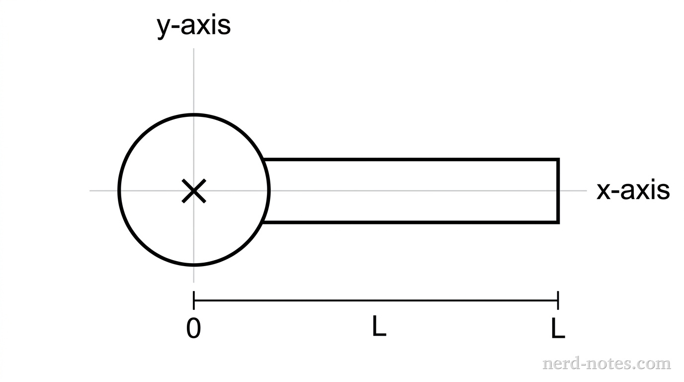 A top-down view of a wrench. The circular head of the wrench is centered at the origin (0,0) of a coordinate plane. The handle of the wrench is a straight horizontal bar that extends to the right along the positive x-axis, ending at the point (L,0). A small 'X' at the origin marks the axis of rotation.