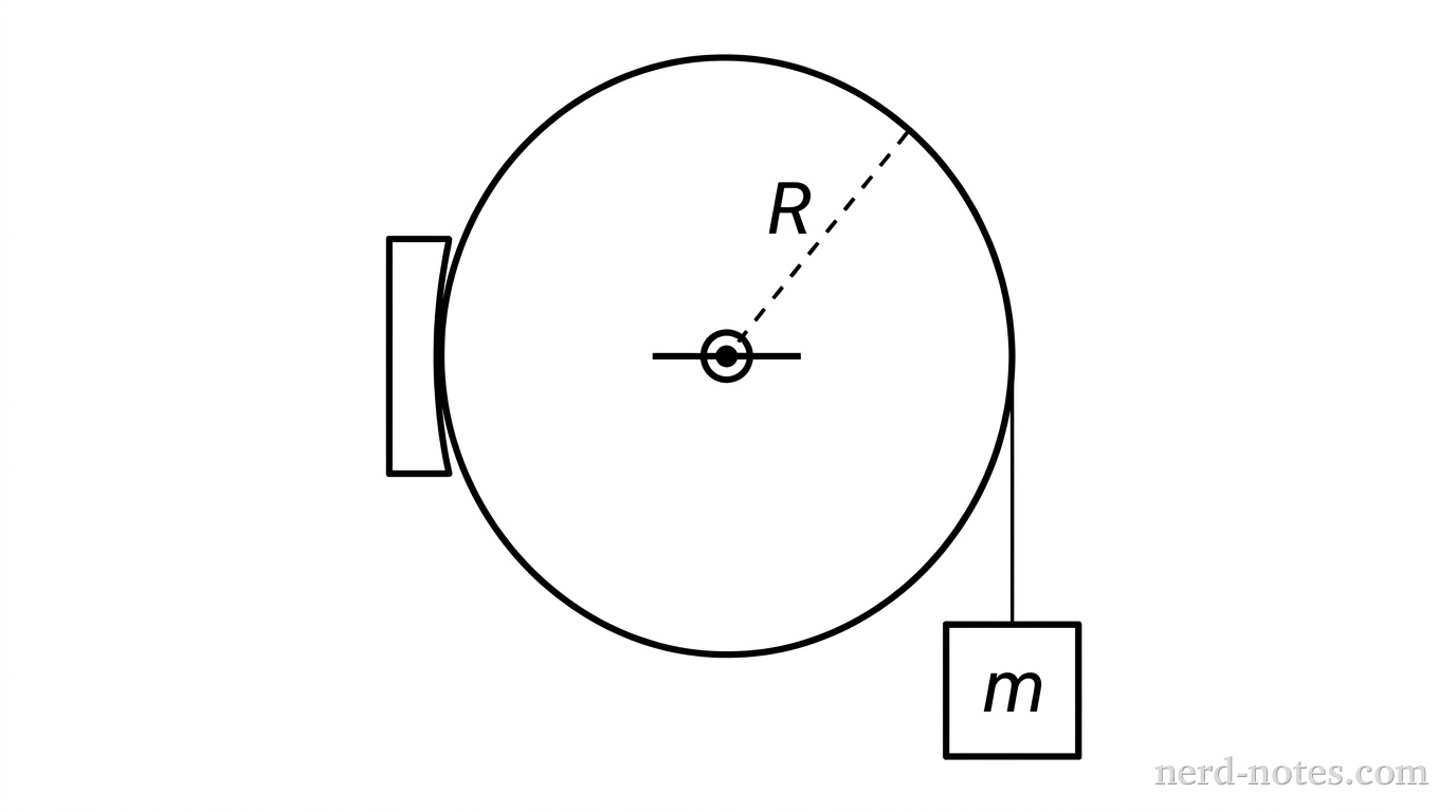A vertical 2D cross-section of the physical setup. A large circular pulley of radius R is centered on a fixed horizontal axle. A string hangs vertically from the right edge of the pulley, attached to a square block labeled 'm'. A rectangular brake pad is pressed horizontally against the left edge of the pulley. The radius R is indicated with a dashed line from the axle to the upper edge of the pulley.