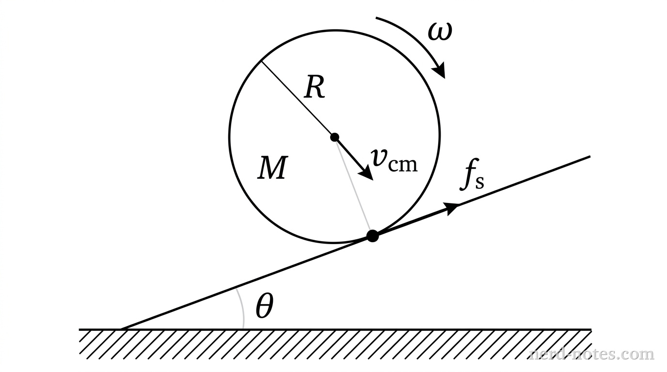 A cylinder of radius R and mass M on an incline making an angle theta with the horizontal. An arrow labeled f_s points up the incline from the point of contact between the cylinder and the surface. A vector labeled v_cm points down the incline from the center of the cylinder. A curved arrow labeled omega indicates clockwise rotation.