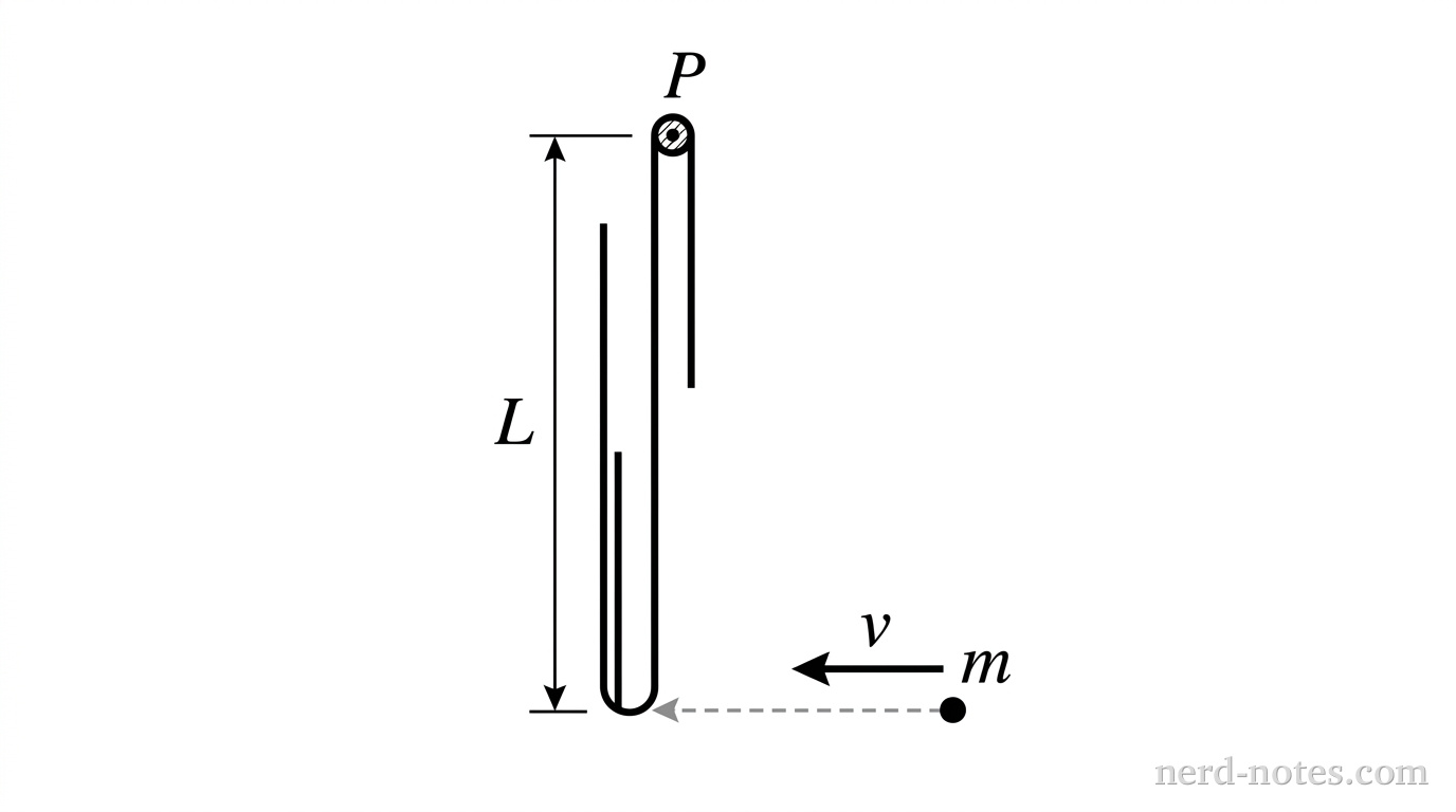 A vertical uniform rod of length L is attached to a pivot P at the top end. A small ball of mass m is moving horizontally to the right with velocity v toward the bottom end of the rod. A dashed line shows the ball's path toward the tip of the rod.