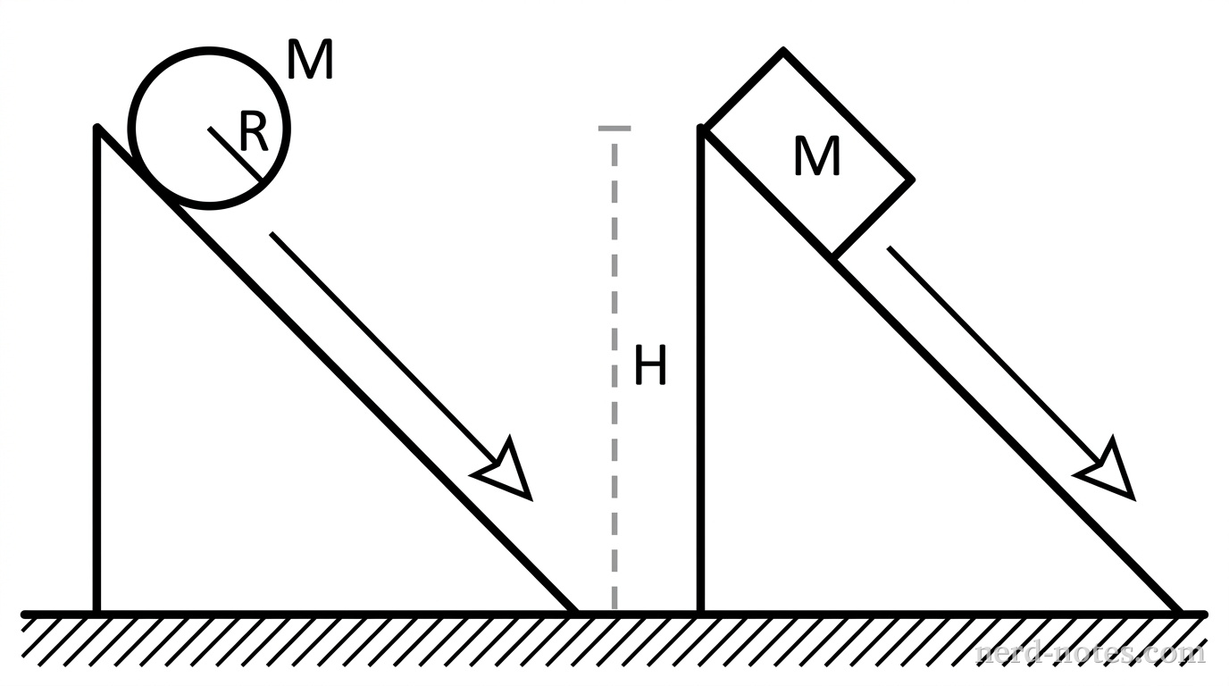 A side-view diagram showing two identical inclines of height H. On the left incline, a solid sphere of mass M and radius R is at the top. On the right incline, a rectangular block of mass M is at the top. Arrows indicate the downward path of both objects.