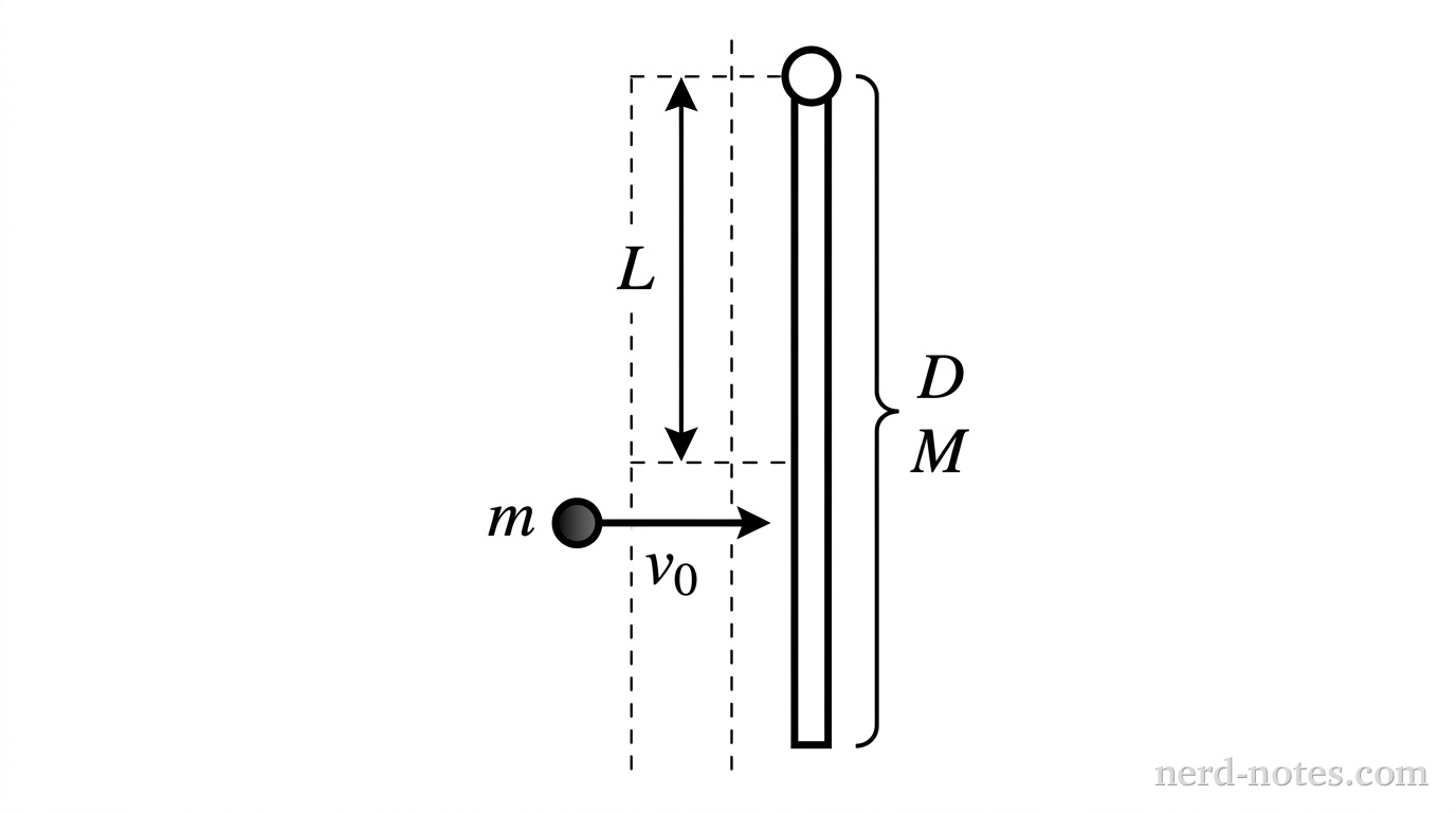 A 2D physical setup showing a vertical uniform rod suspended from a circular pivot point at its top end. The rod is labeled with length 'D' and mass 'M'. To the left of the rod, a small shaded circle representing a lump of clay labeled 'm' is shown. A horizontal right-pointing arrow originates from the clay, indicating its velocity, labeled 'v_0'. A vertical dashed line runs parallel to the rod to indicate dimensions, and a horizontal dashed line extends from the pivot down to the impact point of the clay. The distance from the pivot to the impact point is indicated with a double-headed arrow labeled 'L'.