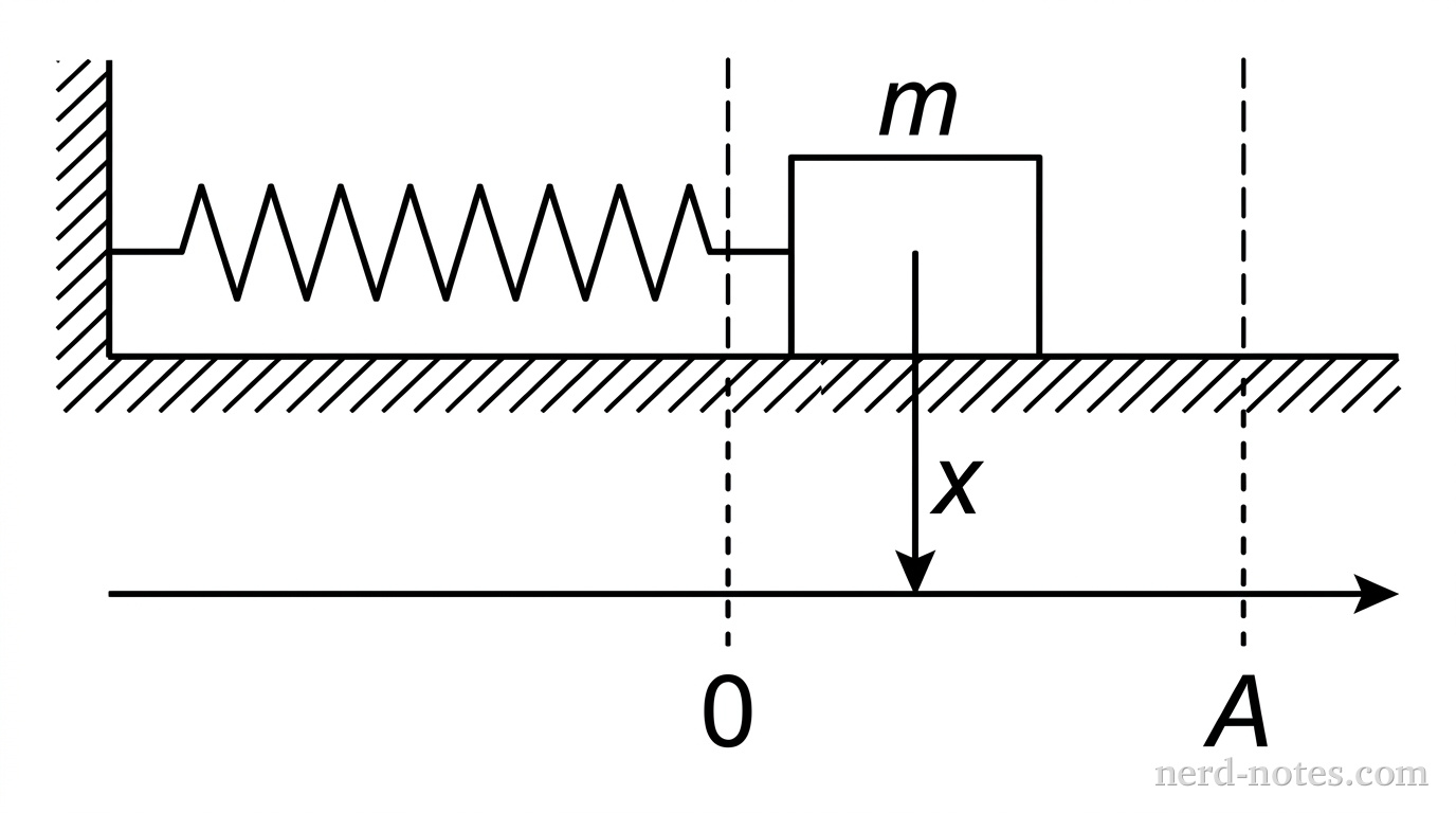 A horizontal spring-mass system on a frictionless surface. The spring is attached to a vertical wall on the left and a block of mass m on the right. A horizontal axis below the system marks the equilibrium position as 0 and the maximum positive displacement as A. The block is shown at a position between 0 and A, labeled x.