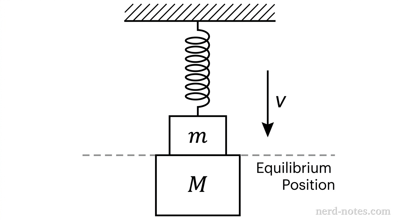 A vertical spring hangs from a ceiling. A large rectangular block labeled M is attached to the bottom of the spring. A smaller rectangular block labeled m sits directly on top of block M. A dashed horizontal line indicates the equilibrium position of the center of the two-block system. An arrow pointing downward next to the blocks indicates the direction of motion.