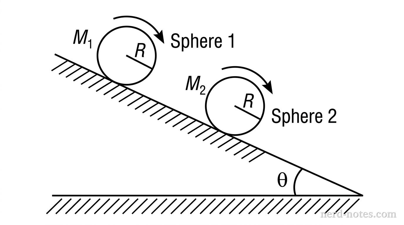 A side-view diagram showing an inclined plane at an angle theta. Two identical-looking circles representing solid spheres are placed at the top of the ramp. Sphere 1 is labeled with mass M1 and radius R. Sphere 2 is labeled with mass M2 and radius R. Curved arrows around each sphere indicate they are rolling clockwise down the ramp.