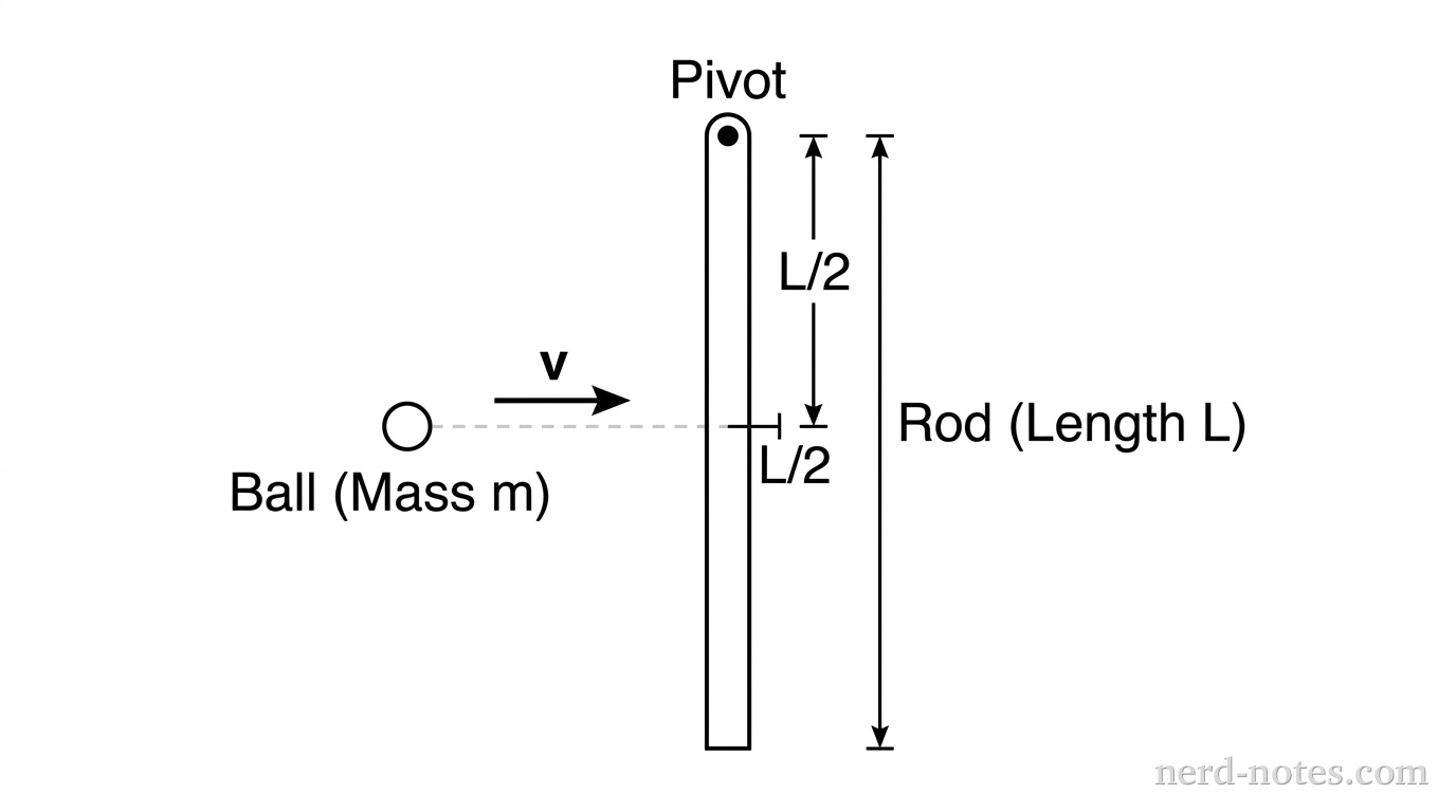 Top-down view of a horizontal surface. A uniform rod of length L is oriented vertically on the page, with a pivot at its top end. A small ball of mass m is moving horizontally to the right with velocity v, aligned to strike the center of the rod (midpoint L/2).