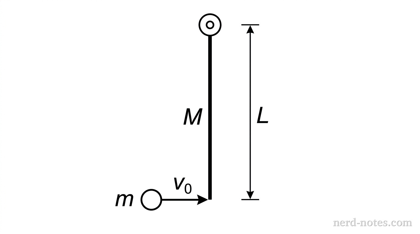 A 2D physical setup diagram. A solid vertical rod of length L is shown hanging from a circular pivot point at its very top. The rod is labeled with mass 'M' and length 'L'. To the left of the rod's bottom end, a small circular sphere is shown. An arrow points horizontally to the right from the sphere toward the bottom tip of the rod, labeled with velocity 'v_0'. The sphere is labeled 'm'.
