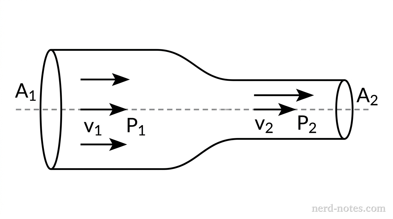 A cross-sectional side view of a horizontal pipe. The pipe starts with a large diameter on the left side (Point 1) and transitions smoothly to a smaller diameter on the right side (Point 2). A horizontal dashed line represents the center axis of the pipe. Arrows point from left to right, indicating fluid flow. Point 1 is labeled with A1, v1, and P1. Point 2 is labeled with A2, v2, and P2.