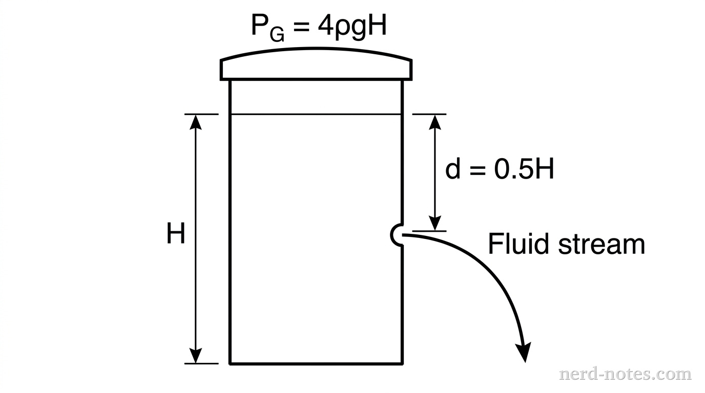 A vertical cylindrical tank filled with fluid to height H. The top is sealed and labeled with air pressure P_G = 4*rho*g*H. A small hole is on the right side of the tank at a depth d = 0.5H from the top surface of the fluid. A stream of fluid is shown exiting the hole horizontally.