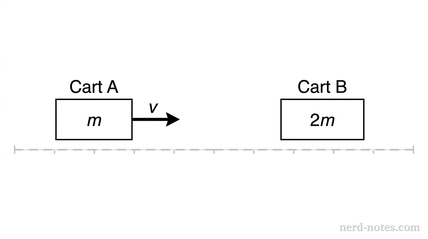 Two rectangular carts on a horizontal line representing a track. Cart A on the left is labeled 'm' and has an arrow pointing right labeled 'v'. Cart B on the right is labeled '2m' and is shown at rest.
