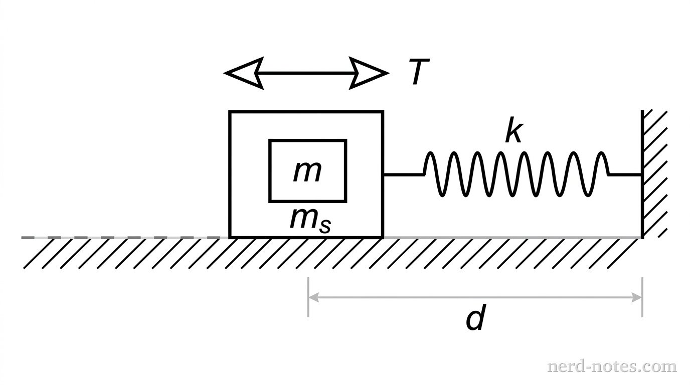 A schematic showing a seat of mass m_s attached to a horizontal spring on a frictionless rail. A calibration block of mass m is placed in the seat. An arrow indicates the seat is oscillating back and forth with a period T.