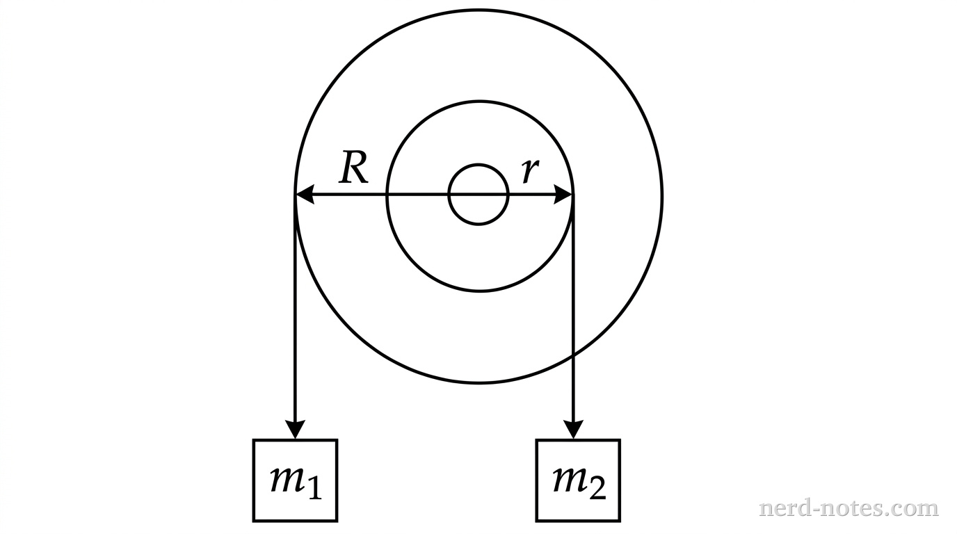 A 2D side-view of a stepped pulley. The pulley consists of two concentric circles: a larger outer circle of radius R and a smaller inner circle of radius r. The center of the concentric circles represents the axle. A vertical string extends straight down from the left-most edge of the outer circle, with a square block labeled 'm_1' attached to its bottom end. A second vertical string extends straight down from the right-most edge of the inner circle, with a square block labeled 'm_2' attached to its bottom end.