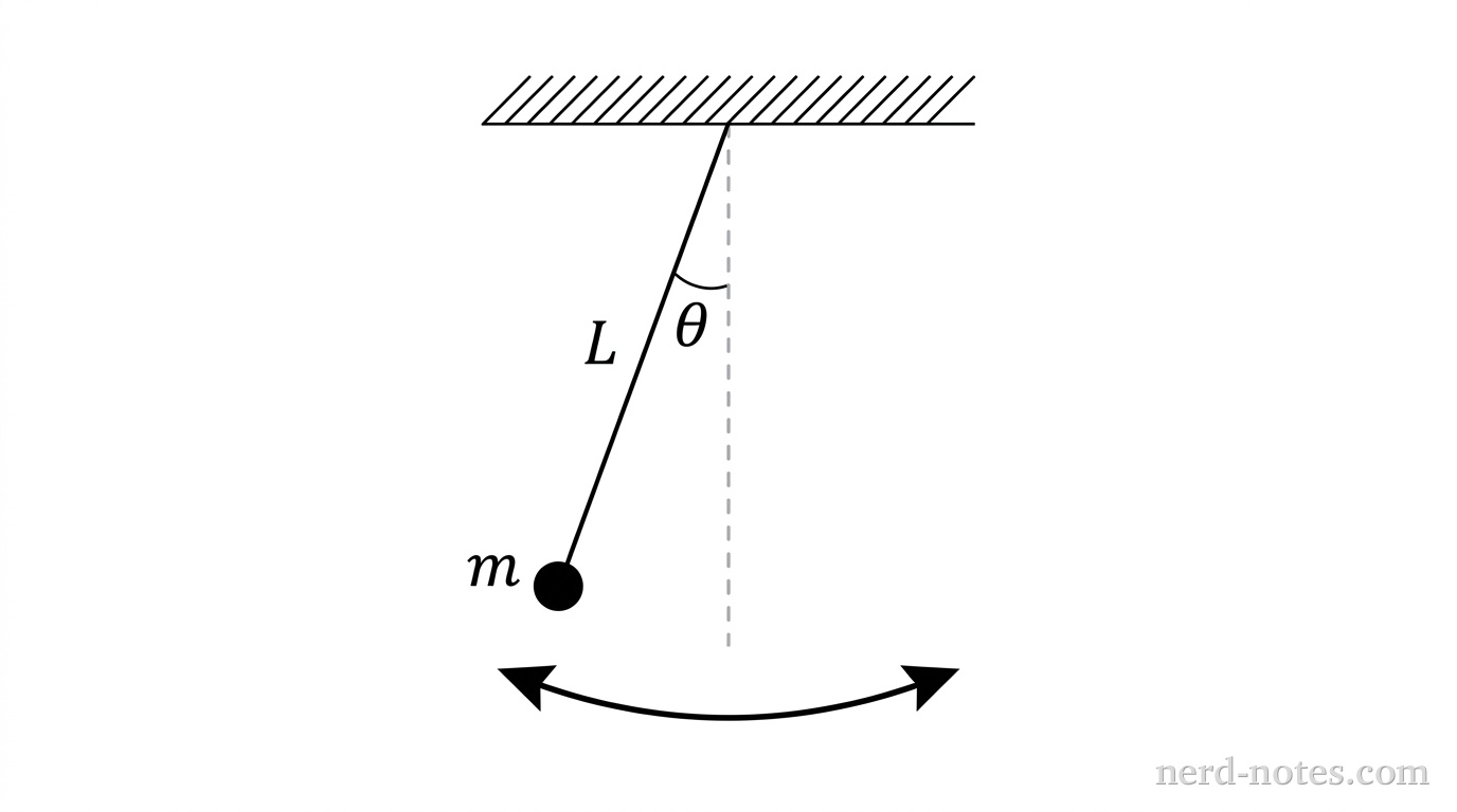 A schematic of a simple pendulum. A string of length L is attached to a fixed ceiling. The string makes a small angle theta with the vertical dashed equilibrium line. A small spherical mass m is attached to the end of the string. An arched double-headed arrow at the bottom indicates the path of oscillation.