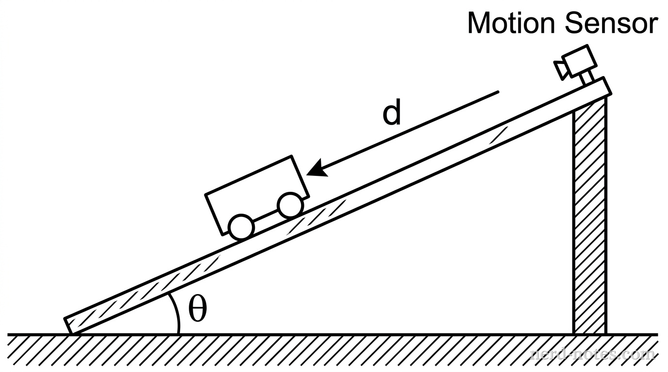 A side-view diagram showing a small rectangular cart on a ramp that is inclined at an angle. An arrow labeled d points down the ramp, starting from the back of the cart's initial position. A motion sensor is positioned at the top of the ramp, aligned with the cart's path.
