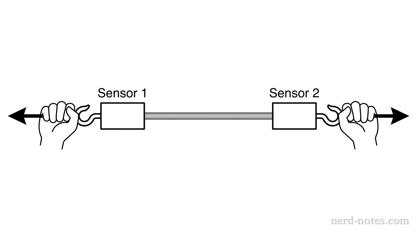 A horizontal rigid rod is shown. To its left, Force Sensor 1 is attached and pulled to the left by a hand. To its right, Force Sensor 2 is attached and pulled to the right by another hand. Labels 'Sensor 1' and 'Sensor 2' are above the respective sensors.