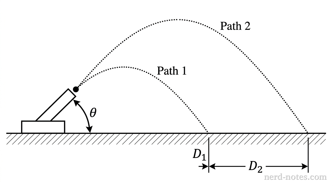 A side-view diagram of a projectile launcher on a flat horizontal surface. A dotted parabolic path shows a ball launched at angle theta and landing a distance D1 away. A second, larger dotted parabolic path starts from the same point at the same angle theta but reaches a higher peak and lands much further away at distance D2.