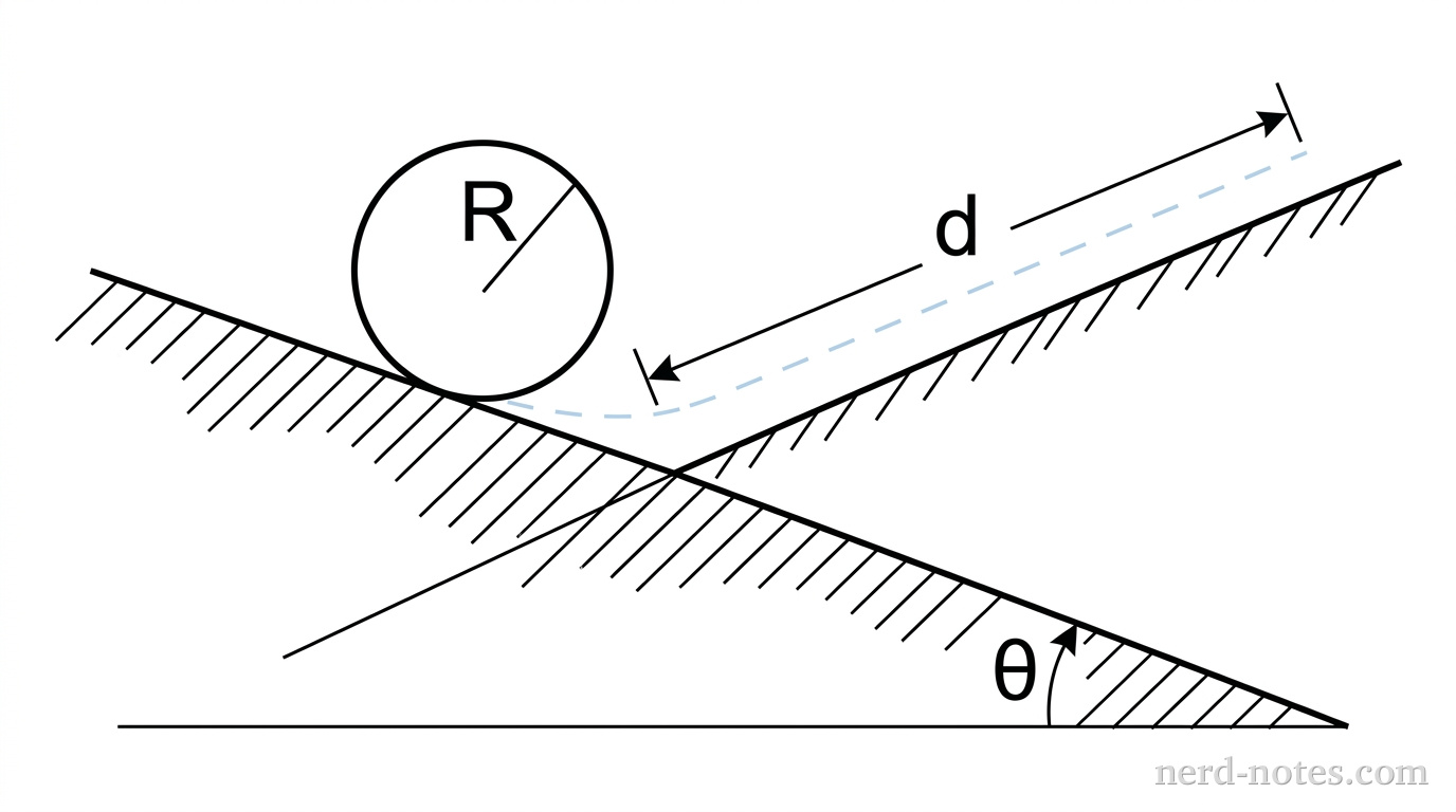 A side-view diagram of a ramp inclined at an angle theta relative to a horizontal line. A circular object is positioned on the ramp. A dashed line indicates the path of the object down the slope of the ramp, labeled with the variable d. The radius of the circular object is labeled R.