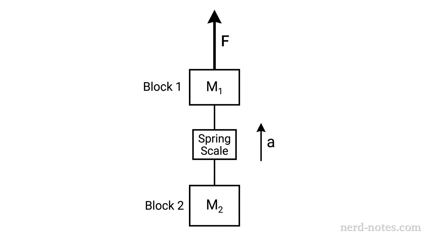A vertical diagram showing two rectangular blocks connected by a string. Block 1 (mass \(M_1\)) is on top, and Block 2 (mass \(M_2\)) is below it. A vertical line connects the bottom of Block 1 to the top of Block 2, with a small rectangular box labeled 'Spring Scale' positioned in the middle of this line. A long arrow labeled \(F\) points vertically upward from the top of Block 1. A smaller arrow labeled 'a' points upward next to the entire system.