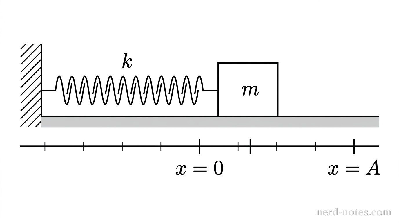 A block of mass m on a horizontal frictionless surface. The block is attached to a horizontal spring, which is fixed to a vertical wall on the left. Below the block is a horizontal axis labeled x. The equilibrium position is marked x = 0. The maximum displacement is marked x = A. The block is shown positioned exactly halfway between x = 0 and x = A.