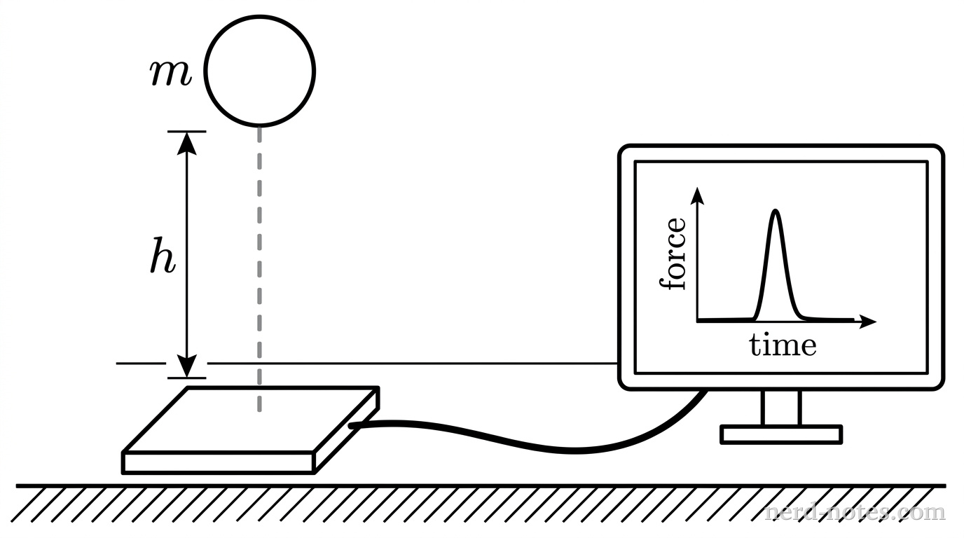 A physical setup showing a spherical ball of mass m held at a height h above a square, flat force sensor resting on a horizontal table. A dashed vertical line indicates the drop path of the ball down to the sensor. A label 'h' with double-ended vertical arrows indicates the distance from the bottom of the ball to the top surface of the force sensor. The force sensor is connected via a wire to a computer monitor, which displays a simple peaked curve representing a force-time graph.