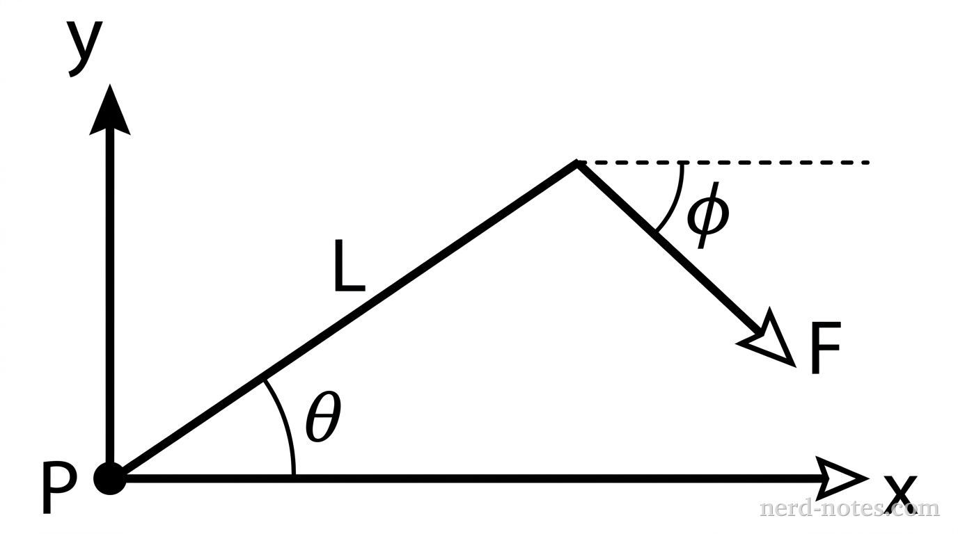 A coordinate plane with a pivot point P at the origin (0,0). A solid thick line representing a wrench of length L extends from the origin into the first quadrant at an angle theta relative to the positive x-axis. A dashed horizontal line extends to the right from the end of the wrench. From that same end point, a force vector F is drawn as an arrow pointing down and to the right into the fourth quadrant relative to the end point. The angle between the dashed horizontal line and the force vector is labeled phi. The length L is labeled along the wrench.