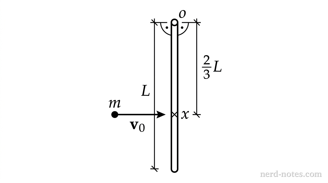 A vertical rod of length L is attached to a pivot at the top. A point mass m is shown moving horizontally toward the rod at a speed v_0. The point of impact is marked at a distance 2/3 L below the pivot.