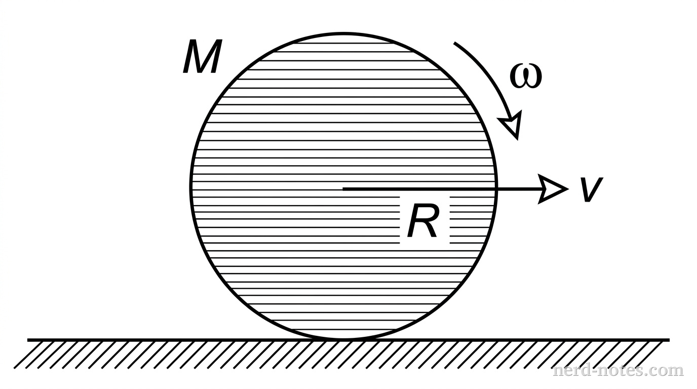 A solid sphere rolling without slipping on a horizontal surface.