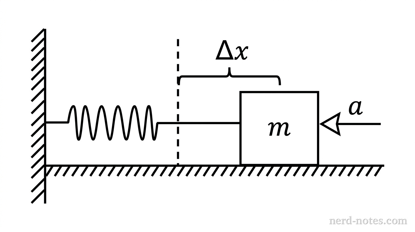 A physical setup showing a horizontal surface with a block labeled 'm' resting on it. A spring is attached to the left side of the block, and the other end of the spring is attached to a vertical wall on the left. The surface is drawn with hatch marks indicating it is rough (friction). A dashed vertical line indicates the spring's equilibrium position, and the block is positioned to the right of this line. A horizontal bracket labeled '\Delta x' spans from the dashed line to the block. A vector arrow pointing to the left from the block is labeled 'a' to indicate the direction of initial acceleration.