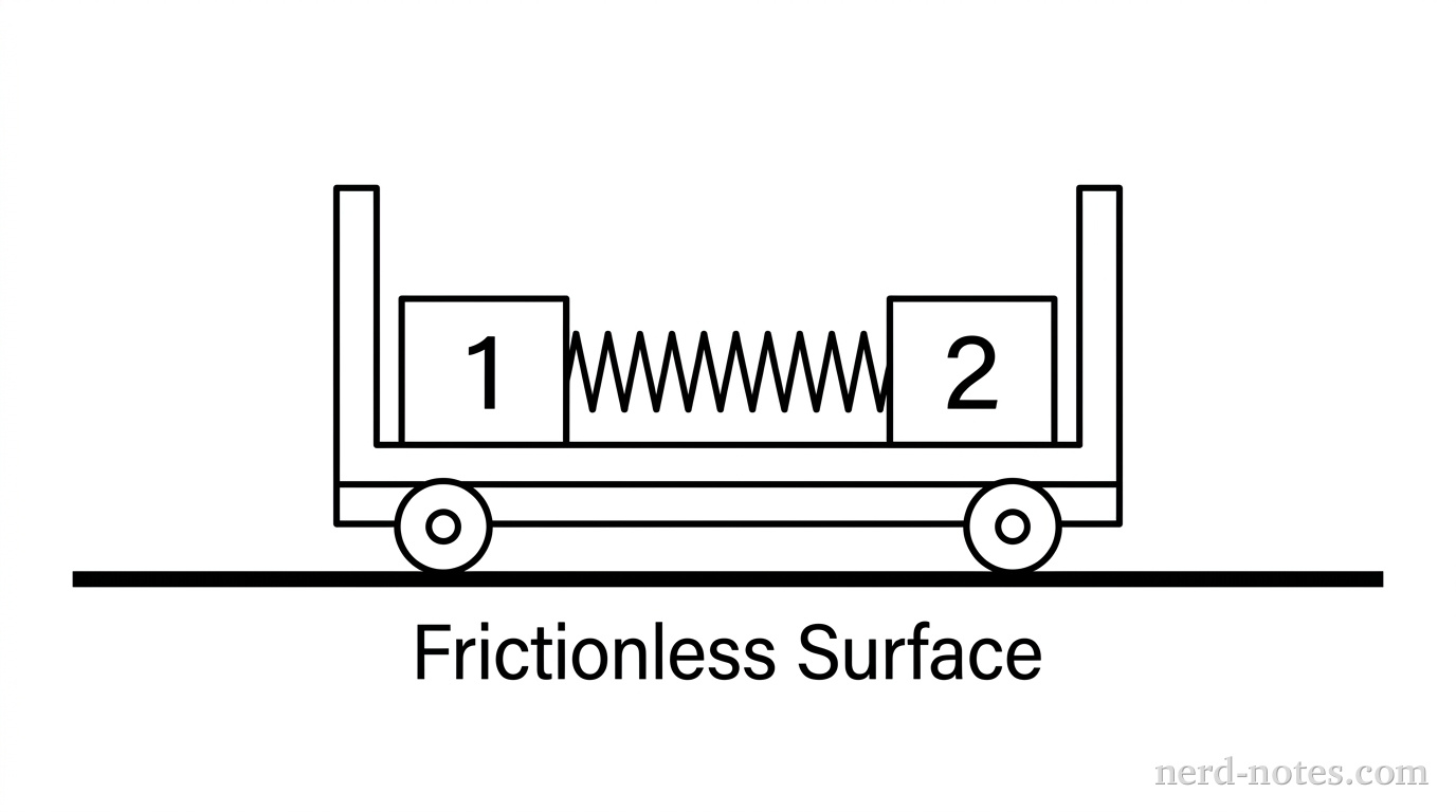 A rectangular cart on four wheels sits on a flat horizontal track. Inside the cart, two smaller rectangular blocks, labeled 1 and 2, have a compressed zigzag spring between them. Block 1 is on the left and block 2 is on the right. The track is labeled Frictionless Surface.