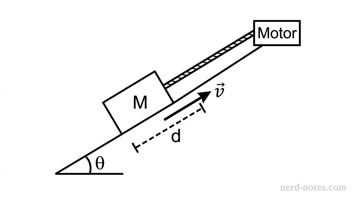 A block being pulled up an incline by a motor at constant speed.