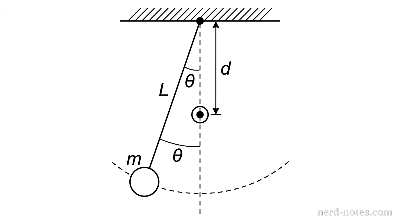 A ceiling with a pivot point is shown. A string of length L hangs from the pivot to a mass m. A small circular peg is fixed on the vertical line at a distance d below the pivot. The bob is shown at its release position to the left, at a small angle theta relative to the vertical. A dashed line indicates the bob's trajectory and the vertical center line through the pivot and peg.